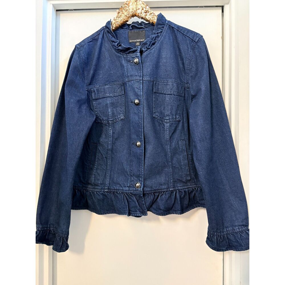 Banana Republic Ruffle Trim Denim Jacket Dark Wash Peplum Blue Jean - XL